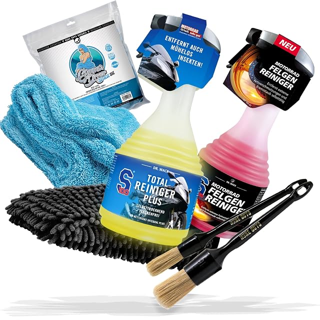 Pack de limpieza de moto detailmate con toalla, cepillos y manopla