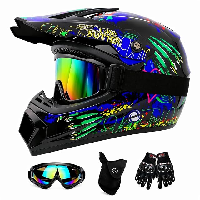 Casco de cross con acabado de grafiti con las gafas, los guantes y la braga incluidos